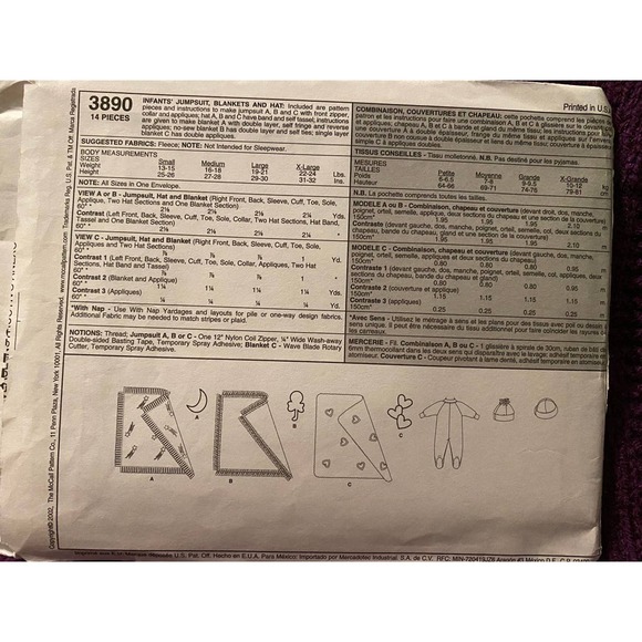 McCalls Sewing pattern3890 baby jumpsuit hat blanket - Picture 3 of 6